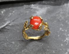 Leaf Ring Design, Red Coral Ring, Coral Ring, Coral And Gold, Natural Coral, Gold Ring Sets, Bohemian Rings, Leaf Ring, Citrine Ring