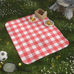 a red and white checkered picnic blanket with food on it