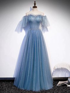 Blue Tulle Prom Dress, Drawing Female, Mode Kawaii, Blue Party Dress, Blue Dress Formal, Princess Gown, Sequin Prom Dresses, Blue Tulle, Gowns Prom