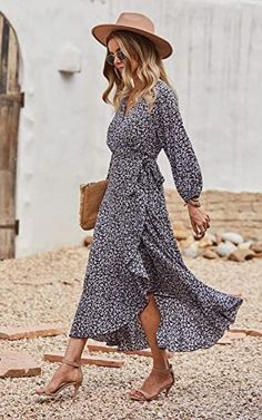 Fitted Floral Print V-neck Dress For Spring, Spring Floral Print V-neck Dress For Date Night, Fitted V-neck Maxi Dress For Fall, Elegant Fitted V-neck Dress For Vacation, Spring V-neck Maxi Dress For Date Night, Elegant Floral Print V-neck Dress For Fall, Flowy Chic Wrap Dress For Fall, Chic Fall V-neck Wrap Dress, Flowy Midi Dress With Surplice Neckline For Fall