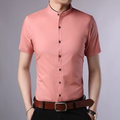 Gender: Men Item Type: Shirts Shirts Type: Casual Shirts Material: COTTON Material: Polyester Sleeve Length(cm): Short Collar: Mandarin Collar Style: Casual Sleeve Style: REGULAR Pattern Type: Solid Closure Type: Single Breasted Fabric: 60.3% Polyester, 39.7% Cotton Casual Pink Shirt With Casual Collar, Pink Fitted Crew Neck Shirt, Pink Cotton Short Sleeve Shirt, Pink Fitted Short Sleeve Shirt, Fitted Pink Shirt For Business Casual, Pink Cotton Button-up Short Sleeve Shirt, Pink Slim Fit Button-up Tops, Pink Shirt With Casual Collar For Spring, Casual Pink Top With Casual Collar