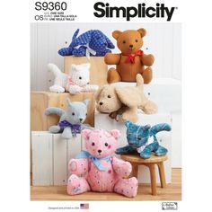 the stuffed animals are all different colors and sizes