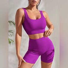 Rib Knit Shorts Set Scoop Neckline Sleeveless Seamless Removable Padding Yoga & Studio 92% Polyamide 8% Elastane *Special Order Ships In 5-10 Days* Offers Welcomed! Style With: Acacia Adidas Alo Apl Athleta Beach Riot Beyond Yoga Fenty Free People Gymshark Ivy Park Koral L*Space Lulumelon Mikoh Nike Outdoor Voices Onzie Patagonia P.E. Nation Puma Spiritual Gangster Skims Splits59 Strut-This Sweaty Betty Tan + Lines The Upside Twenty Montreal Under Armour Varley Wellbeing + Beingwell Purple Sleeveless Activewear For Gym, Purple Sleeveless Sportswear Activewear, Purple Sleeveless Activewear, Purple Sleeveless Sports Bra For Yoga, Purple Seamless High Stretch Activewear, Purple Seamless Sleeveless Activewear, Purple Sleeveless Seamless Activewear, Sporty Purple Tank Top For Gym, High Stretch Seamless Purple Activewear