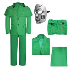 a green suit with chains on the collar, pants and hat is shown in front of a white background