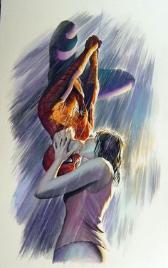 a painting of two people in the air with one holding on to the other's back