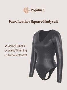 Long Sleeve Faux Leather V-Neck Thong Bodysuit | Popilush Sleek Second-skin Bodysuit For Fall, Fall Sleek Second-skin Bodysuit, High Stretch Bodysuit For Night Out In Fall, Sleek Bodysuit For Night Out In Fall, Sleek Fitted Bodysuit For Fall, Sleek Fall Bodysuit For Night Out, Chic Faux Leather Party Bodysuit, Sleek Second-skin Bodysuit With Thumbholes, Seamless V-neck Bodysuit Shapewear