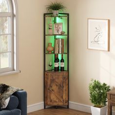 a living room filled with furniture and a green light on the shelf next to it