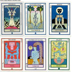 four different tarot cards with images of men and women on them, each featuring an image of the same person