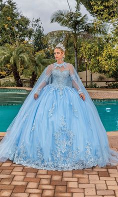 Strapless sweetheart a-line quinceanera ball gown with removable cape and sleeves. Light Blue Quinceanera Dresses, Era Dresses, Quincenera Dresses, Purple Quince, Mexican Quinceanera, Mexican Quinceanera Dresses, Detachable Cape, Flower Prom Dress, Quinceñera Dresses