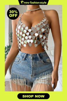 Sexy Patchwork Chains Backless Halter Tops Silver Body Chain For Summer Night Out, Silver Body Chain For Night Out In Summer, Glamorous Summer Party Body Chain, Trendy Silver Body Chain For Party, Silver Trendy Body Chain For Party, Glamorous Body Chain For Night Out, Trendy Summer Party Body Chain, Fitted Body Chain For Summer Night Out, Fitted Body Chain For Night Out In Summer