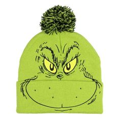 a green beanie with an angry grin face on it