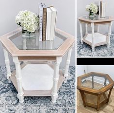 three different views of a table with books and flowers on it, including the glass top