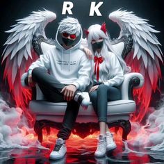 two people sitting on top of a chair with wings over their heads and the words r k written above them