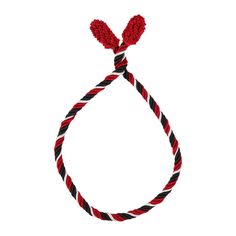 a red, black and white rope with two pom - poms