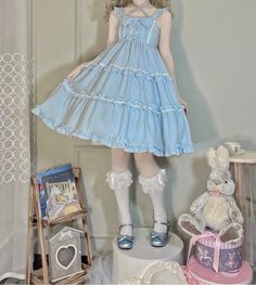 Classic Vintage-style Kawaii Princess JSK Lolita Dress with Bows and ruffles. Stretchy back with shirring. ONE SIZE Length 92cm Bust 74-98cm Cute Mini Length Ruffle Dress, Fitted Blue Kawaii Dress, Kawaii Sleeveless Fitted Dress, Kawaii Fitted Sleeveless Dress, Fitted Sleeveless Kawaii Dress, Cute Mini Ruffle Dress With Ruffle Hem, Fairy Kei Dress For Spring Dress-up, Cute Spring Cosplay Dresses, Blue Fairy Kei Dress With Ruffles