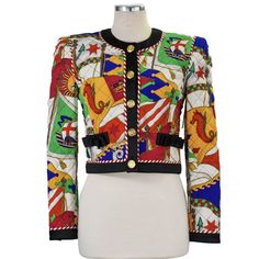 Never Worn. Excellent Condition. Silk Bolero Trimmed With Amazing Red & White Piping And Black Silk. Silk Bows Are On The Small Finger Front Pockets. Approx 17" In Length. You'll Never Find Another One! Designer Multicolor Long Sleeve Blazer, Designer Multicolor Blazer For Work, Fitted Designer Multicolor Blazer, Multicolor Fitted Designer Blazer, Designer Fitted Multicolor Outerwear, Vintage Military Jacket, Silk Pant Suit, Coats Vintage, Black And White Tweed