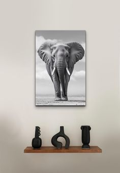 an elephant standing on top of a wooden shelf