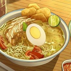 a bowl of ramen with chopsticks and an egg in it on a wooden table