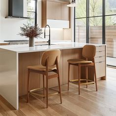 two stools are in front of the kitchen island