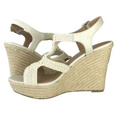 SUN STONE ESMEF Espadrille Wedge Heel Sandals -New with Box -Brand: SUN STONE -Color: Ivory -Size: 9M -Material: Textile -Heel Height: 4.75 Inch -Platform Height: 1.25 Inch -Woven Upper -Open Toe -Wedge Heels -Ankle Strap Buckle Closure -Made in China Cream Heels For Summer Beach Occasion, Summer Beach Cream Heels, White Adjustable Wedge Sandals With Round Toe, Adjustable White Wedge Sandals With Round Toe, White Adjustable Round Toe Wedge Sandals, Adjustable White Wedge Sandals For Vacation, Cream Wedge Heel Sandals For Summer, Cream Summer Heels For Vacation, Cream Wedge Sandals With Removable Insole For Vacation