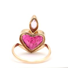 I found a large lovely 5ct faceted hot pink tourmaline heart and had a custom 14k yellow gold bezel-setting made for it with a pink topaz accent. It turned out pretty cute! Ring face measures 20.5mm x 13.3mm. Ring size 6, but fits like a five because the stone had a deep belly.Sizing availableLayaway available Pink Heart Cut Ruby Ring For Valentine's Day, Pink Heart Cut Ruby Ring For Gift, Pink Heart-shaped Gemstone Ring, Valentine's Day Pink Ruby Ring, 3mm Ring, Flaming Heart, Watch Cufflinks, Cute Ring, Pink Topaz