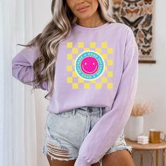 Retro Smiley Face Sweatshirt, Vintage Aviator Nation Inspired Shirt, Have A Good Day Happy Summer Top for Vacation - Etsy Pink Letter Print Tops For Leisure, Leisure Pink Tops With Letter Print, Fun Cotton Tops For Leisure, Fun Long Sleeve Tops For Vacation, Playful Long Sleeve Tops For Vacation, Fun Relaxed Fit Tops For Leisure, Smiley Face Sweatshirt, Retro Smiley Face, Beach Sweatshirt