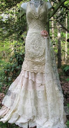 Crochet , lace and tulle maxi length wedding dress Custom made to your measurements Mermaid Boho Wedding Dress, Wedding Dress Cream, Crochet Wedding Dresses, Vintage Boho Dress, Boho Mode, Lace Dress Boho, Trendy Wedding Dresses, Lace Wedding Dress Vintage, Mode Boho