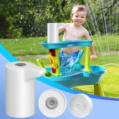 a young boy playing in a water play set with sprinkles and toys