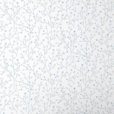 a white wallpaper with blue flowers on the top and bottom part of it's design