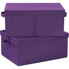 two purple storage boxes sitting next to each other