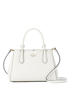 7"h x 10.5"w x 4"dhandle drop: 5"drop length: 22"refined grain leatherunlinedmetal pinmount logosatchel with zip closureinterior zip pocketinterior slide pocketsstyle # wkru6706Color: Optic White White Kate Spade Purse, Birthday 2023, Random Products, Purse Ideas, Kate Spade Purse Black, Kate Spade Satchel, Crossover Bags, Digital Closet, White Purse