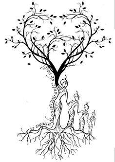 a drawing of a tree with people around it and the roots growing out of it