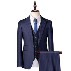 Men Suit - Navy Blue Striped 3-Piece Suit - 3-Piece Suit - Guocali Navy Blue Men Suit, Stylish Suits For Men, Mens Suits Navy, Mens 3 Piece Suits, Stripe Suit, Blue Suit Men, Suit Pattern, Stylish Suit, Men Suit