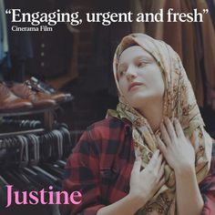 a woman wearing a headscarf in front of a rack of clothes with the caption, engaging, urgent and fresh