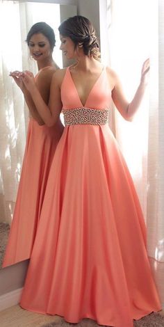 V-neck Gown For Prom, A-line V-neck Dress For Wedding, V-neck Prom Dress With Sweep Train, Elegant Evening Dresses Formal Gowns, Evening Dress Long, Prom Dresses Long Pink, Silk Satin Dress, Elegant Prom, V Neck Prom Dresses