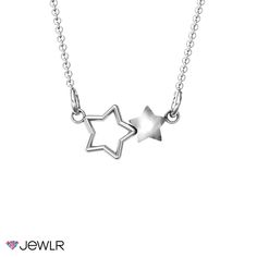 This dainty star necklace is the perfect way to add a little shimmer to your look- day or night! The pendant features two linked star charms, one solid and one with a stylish cutout center. The stars hang gracefully from an 18” chain. You can customize the necklace in your choice of silver, white gold or yellow gold for an added personal touch. Mens Engagement, Photo Pendant, Shining Star, Silver Prices, Gold Price, Star Girl, Star Charms, Star Necklace, Personalized Jewelry