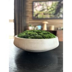 a bowl filled with green moss sitting on top of a table