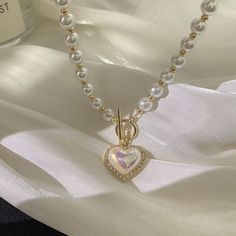 Pearl Heart Necklace – Two Moody Pearl Beads Necklace, Heart Pendent, Shell Heart, Choker Jewelry, Vintage Choker, Pendent Necklace, Rhinestone Heart, Jewelry Choker, Girly Jewelry