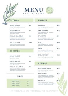 a menu for a restaurant with green leaves on the top and bottom half of it