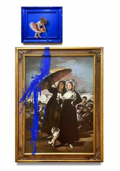 an image of two women holding umbrellas in front of a painting with blue paint