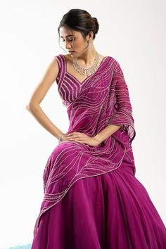 Buy Purple Blouse Tussar Embroidery Ellora Pre-draped Organza Lehenga Saree With For Women by Charu and Vasundhara Online at Aza Fashions. Purple Pre-draped Saree For Wedding, Purple Silk Pre-draped Saree For Wedding, Art Silk Dress With Dupatta In Traditional Drape, Draped Georgette Designer Lehenga, Draped Semi-stitched Lehenga With Sheer Dupatta, Festive Draped Set With Sheer Dupatta, Art Silk Saree Dress With Cutdana, Silk Draped Sharara With Dupatta, Draped Georgette Lehenga For Reception