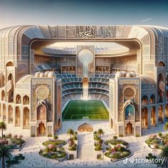 an artist's rendering of the inside of a soccer stadium with many arches and pillars