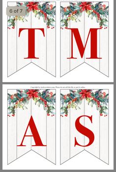 christmas banner with the letter's and holly wreaths on it in red, white and