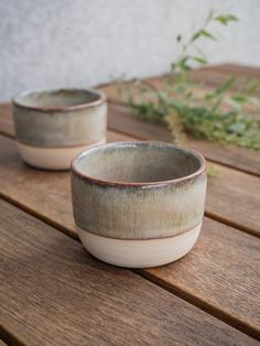 two bowls sitting on top of a wooden table