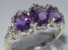 14K White Gold Natural Three Amethyst Ring English by GemsofLondon Victorian Style Rings, Antique Style Rings, Trilogy Ring, Amethyst Ring, Victorian Style, Pink Tourmaline, Antique Style, Victorian Fashion, Solid 925 Sterling Silver