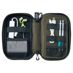 an open zippered case with various items in it, including pens and earbuds