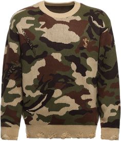 Cotton Knitted Sweater For Streetwear, Cotton Crew Neck Sweater With Jacquard Knit, Fall Streetwear Knit Sweatshirt, Cotton Crew Neck Knit Sweater, Cotton Jacquard Knit Sweater For Fall, Fall Cotton Jacquard Knit Sweater, Khaki Cotton Sweater For Streetwear, Fall Camouflage Crew Neck Sweatshirt, Winter Camouflage Cotton Sweatshirt