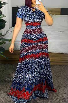 Fisdy - Elegantes vestidos de cuello en O con estampado mixto en contraste para uso diario informal Straight Gown, Daily Dresses, Ankara Long Gown, Ankara Long Gown Styles, Eagle Wallpaper, Long African Dresses, African Print Skirt, African Print Dress Ankara, African Print Dress Designs