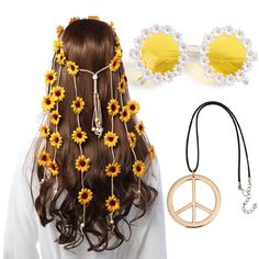 PRICES MAY VARY. 70s HIPPIE COSTUME SET - It comes with a hippie flower headband, a gold peace sign, and daisy sunglasses. Perfect for women and girls GOLD PEACE SIGN - The peace sign comes with a buckle leather string. Special design and unique structure. Popular at the 60s and 70s costume parties VINTAGE DAISY SUNGLASSES - Hippie daisy sunglasses imitates the fashion of the time to be a special costume accessory. Each lens on these colored specs stays looking new and chic, lightweight and comf Hippy Halloween Costumes For Women, Gardener Costume Women, Boho Costume Ideas, Woodstock Inspired Outfits, 60s Fashion Hippie Woodstock, Hippy Costume Ideas, Hippie Makeup Halloween, Hippy Makeup Halloween, Element Halloween Costume