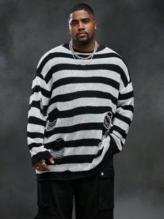 Plus Size Men's Casual Plus Size Distressed Knitted Sweater Black and White Casual  Wrist-Length Sleeve Knitwear Colorblock,Striped Pullovers Slight Stretch,High Stretch  Men Plus Size Clothing, size features are:Bust: ,Length: ,Sleeve Length: Men Plus Size, Casual Athletic, Plus Size Sweaters, Knitwear Men, Mens Plus Size, Knitted Pullover Sweaters, Kids Sleepwear, Sweater Black, White Casual